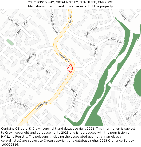23, CUCKOO WAY, GREAT NOTLEY, BRAINTREE, CM77 7WF: Location map and indicative extent of plot