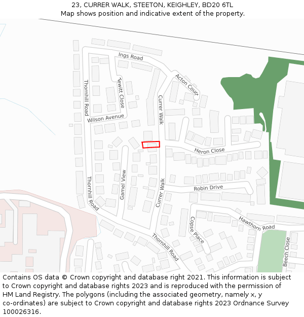 23, CURRER WALK, STEETON, KEIGHLEY, BD20 6TL: Location map and indicative extent of plot