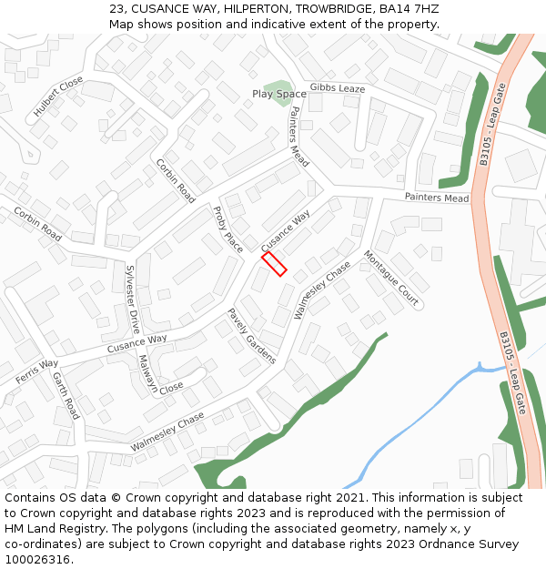 23, CUSANCE WAY, HILPERTON, TROWBRIDGE, BA14 7HZ: Location map and indicative extent of plot