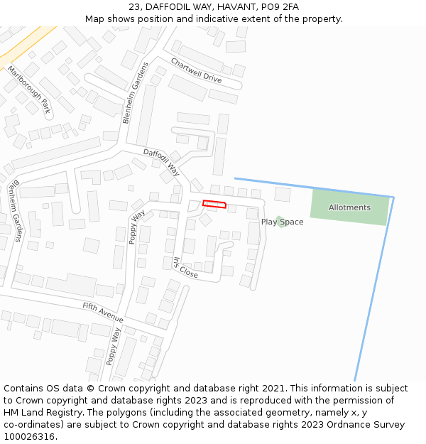 23, DAFFODIL WAY, HAVANT, PO9 2FA: Location map and indicative extent of plot