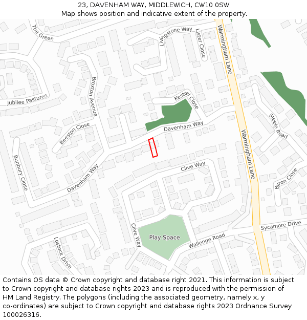 23, DAVENHAM WAY, MIDDLEWICH, CW10 0SW: Location map and indicative extent of plot