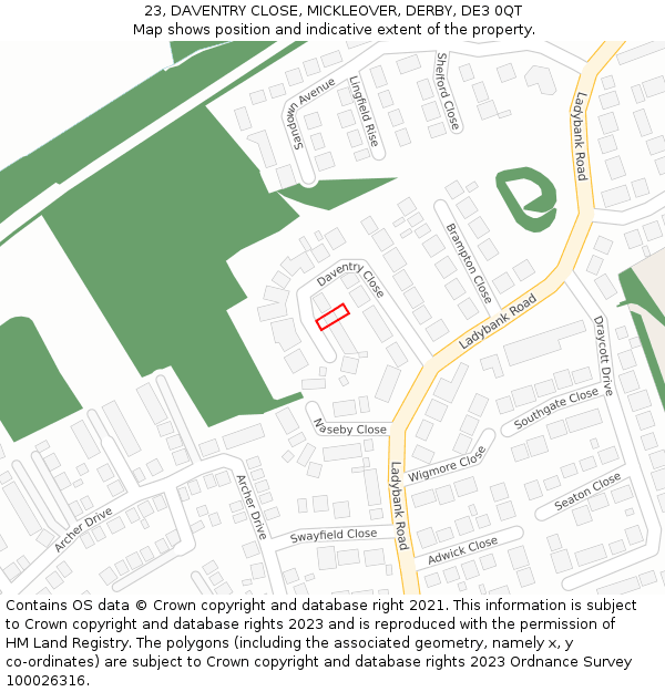 23, DAVENTRY CLOSE, MICKLEOVER, DERBY, DE3 0QT: Location map and indicative extent of plot