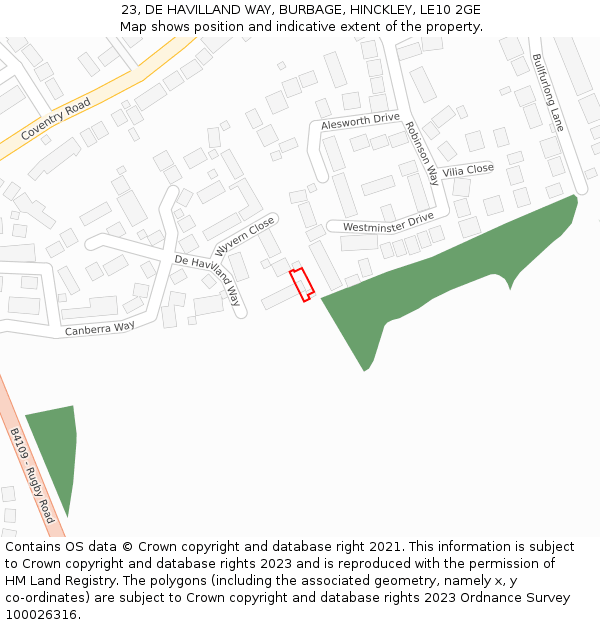 23, DE HAVILLAND WAY, BURBAGE, HINCKLEY, LE10 2GE: Location map and indicative extent of plot