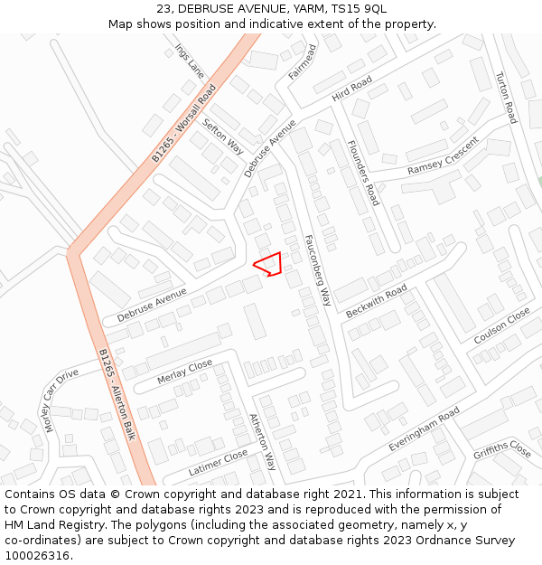 23, DEBRUSE AVENUE, YARM, TS15 9QL: Location map and indicative extent of plot