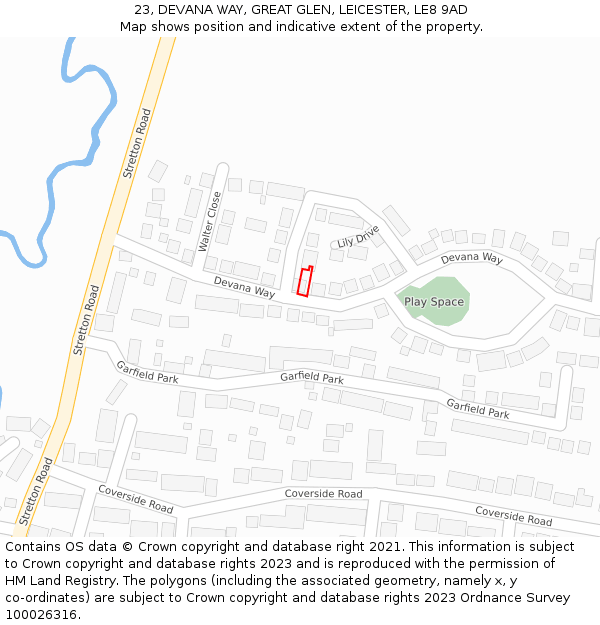 23, DEVANA WAY, GREAT GLEN, LEICESTER, LE8 9AD: Location map and indicative extent of plot