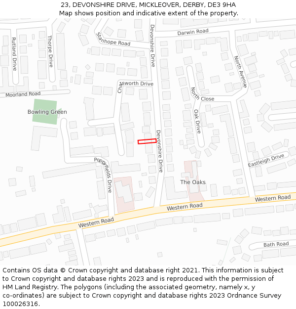 23, DEVONSHIRE DRIVE, MICKLEOVER, DERBY, DE3 9HA: Location map and indicative extent of plot