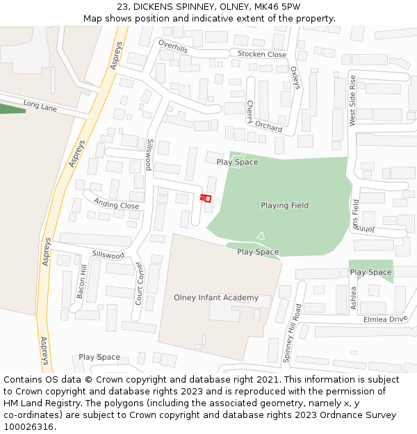 23, DICKENS SPINNEY, OLNEY, MK46 5PW: Location map and indicative extent of plot