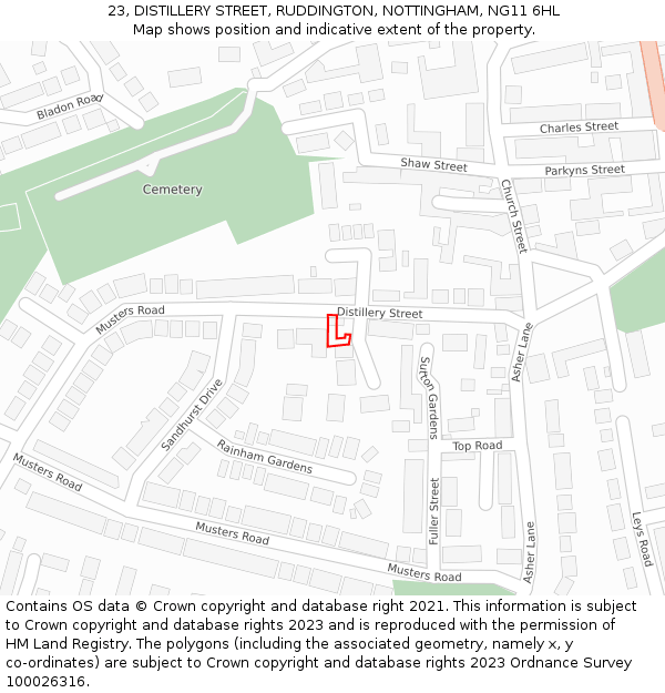 23, DISTILLERY STREET, RUDDINGTON, NOTTINGHAM, NG11 6HL: Location map and indicative extent of plot