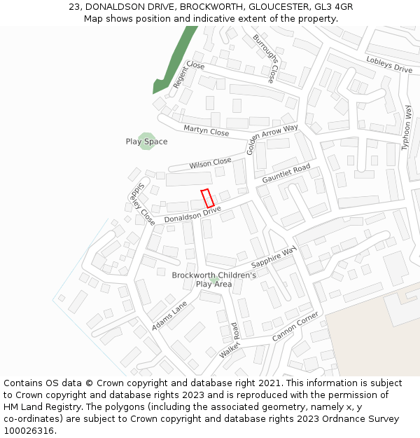 23, DONALDSON DRIVE, BROCKWORTH, GLOUCESTER, GL3 4GR: Location map and indicative extent of plot