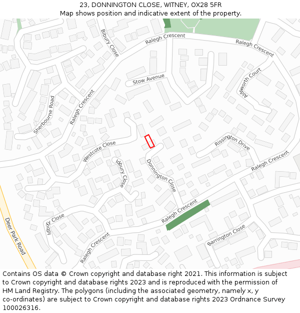 23, DONNINGTON CLOSE, WITNEY, OX28 5FR: Location map and indicative extent of plot