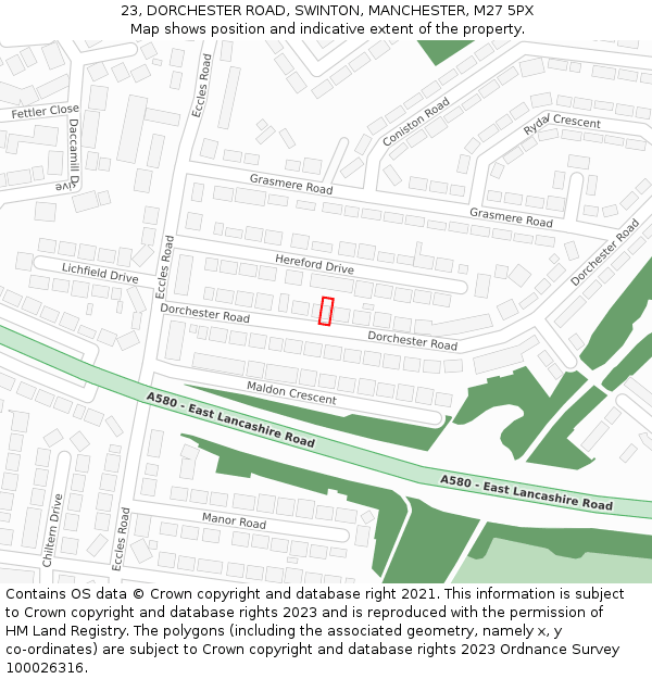 23, DORCHESTER ROAD, SWINTON, MANCHESTER, M27 5PX: Location map and indicative extent of plot