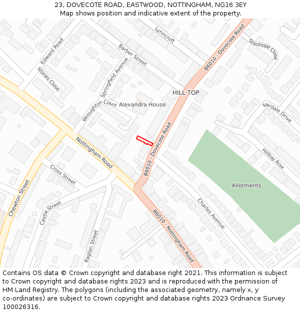 23, DOVECOTE ROAD, EASTWOOD, NOTTINGHAM, NG16 3EY: Location map and indicative extent of plot