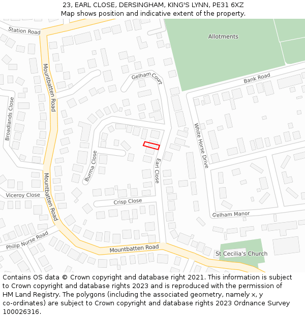 23, EARL CLOSE, DERSINGHAM, KING'S LYNN, PE31 6XZ: Location map and indicative extent of plot