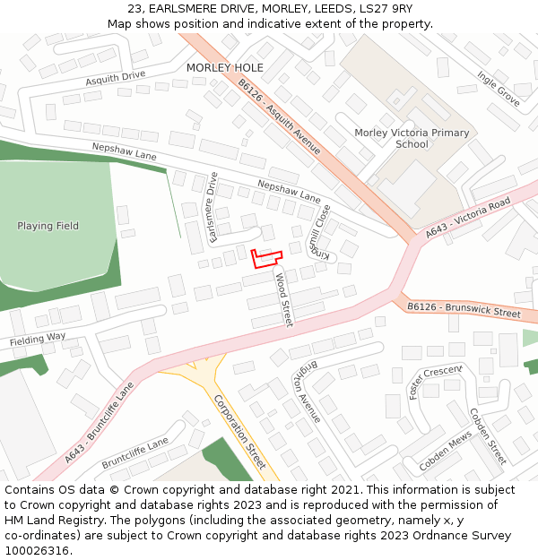 23, EARLSMERE DRIVE, MORLEY, LEEDS, LS27 9RY: Location map and indicative extent of plot