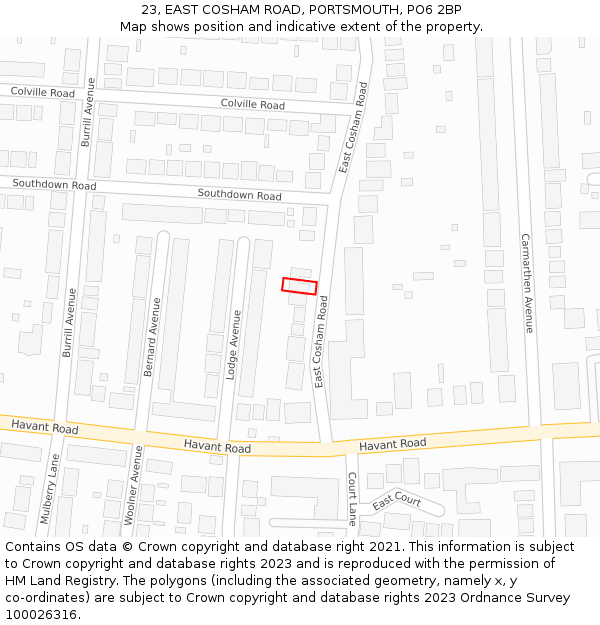 23, EAST COSHAM ROAD, PORTSMOUTH, PO6 2BP: Location map and indicative extent of plot