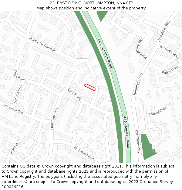23, EAST RISING, NORTHAMPTON, NN4 0TP: Location map and indicative extent of plot