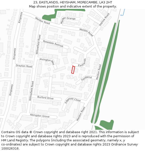 23, EASTLANDS, HEYSHAM, MORECAMBE, LA3 2HT: Location map and indicative extent of plot