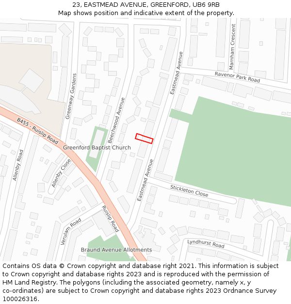 23, EASTMEAD AVENUE, GREENFORD, UB6 9RB: Location map and indicative extent of plot