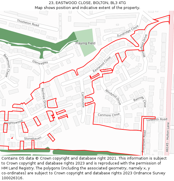 23, EASTWOOD CLOSE, BOLTON, BL3 4TG: Location map and indicative extent of plot