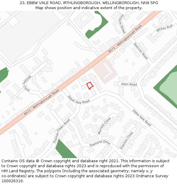 23, EBBW VALE ROAD, IRTHLINGBOROUGH, WELLINGBOROUGH, NN9 5PG: Location map and indicative extent of plot