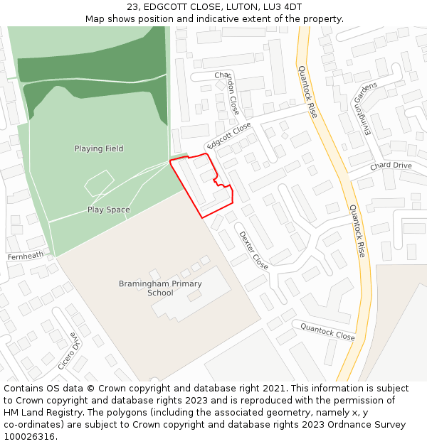23, EDGCOTT CLOSE, LUTON, LU3 4DT: Location map and indicative extent of plot