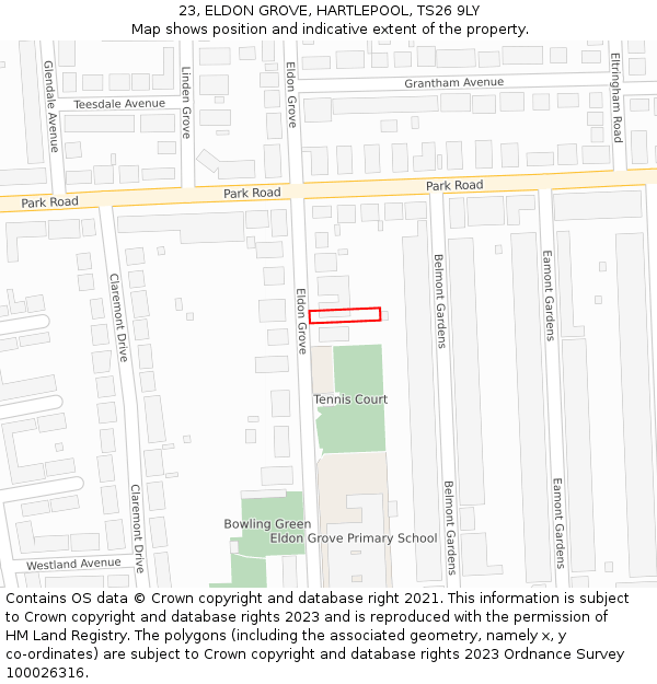 23, ELDON GROVE, HARTLEPOOL, TS26 9LY: Location map and indicative extent of plot