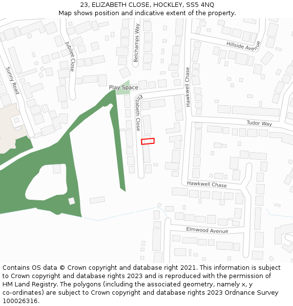 23, ELIZABETH CLOSE, HOCKLEY, SS5 4NQ: Location map and indicative extent of plot