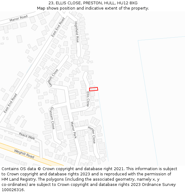 23, ELLIS CLOSE, PRESTON, HULL, HU12 8XG: Location map and indicative extent of plot