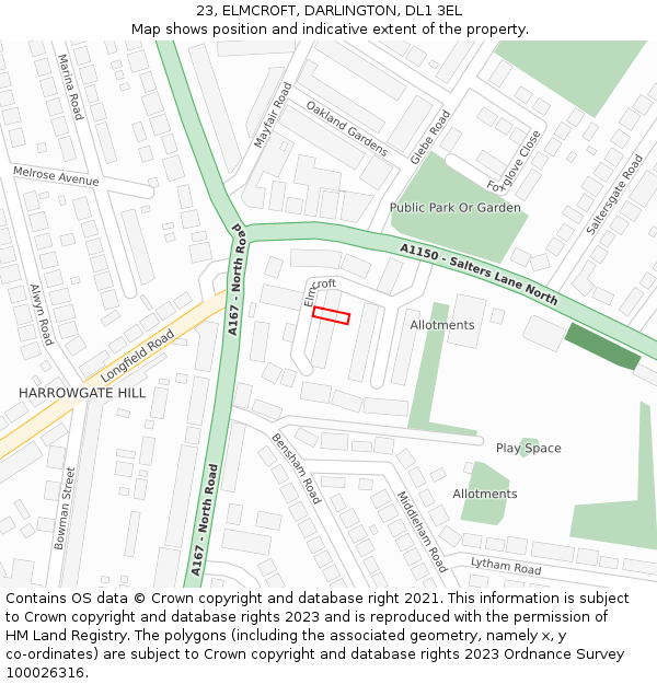 23, ELMCROFT, DARLINGTON, DL1 3EL: Location map and indicative extent of plot