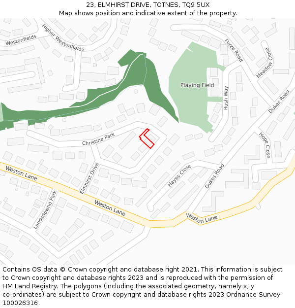 23, ELMHIRST DRIVE, TOTNES, TQ9 5UX: Location map and indicative extent of plot