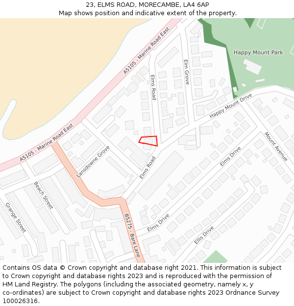 23, ELMS ROAD, MORECAMBE, LA4 6AP: Location map and indicative extent of plot