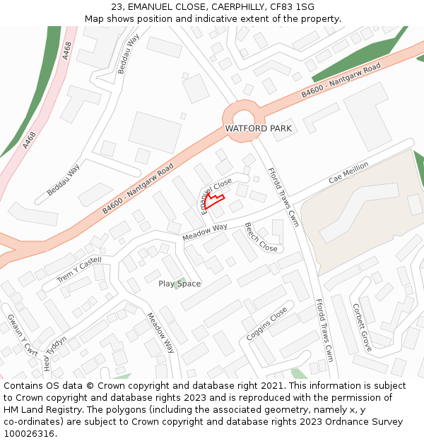 23, EMANUEL CLOSE, CAERPHILLY, CF83 1SG: Location map and indicative extent of plot