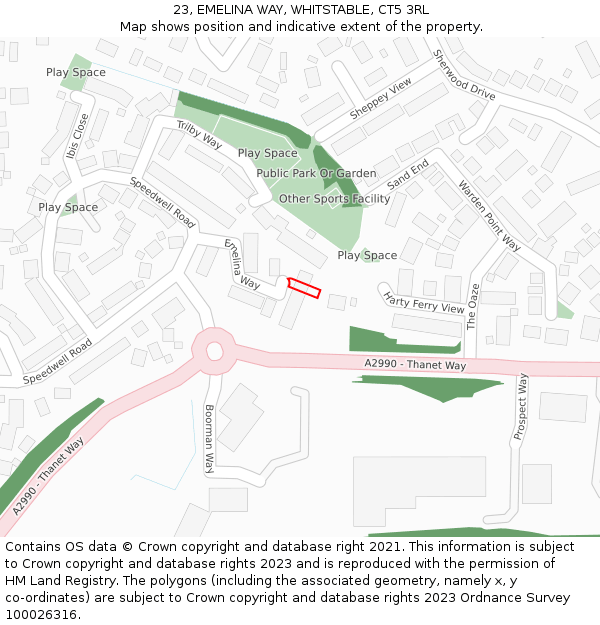 23, EMELINA WAY, WHITSTABLE, CT5 3RL: Location map and indicative extent of plot