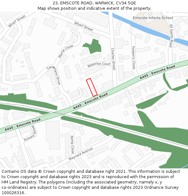 23, EMSCOTE ROAD, WARWICK, CV34 5QE: Location map and indicative extent of plot