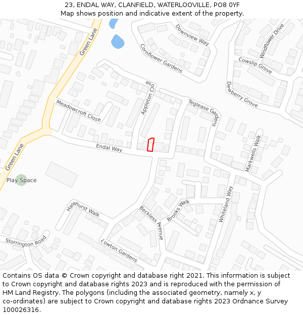 23, ENDAL WAY, CLANFIELD, WATERLOOVILLE, PO8 0YF: Location map and indicative extent of plot