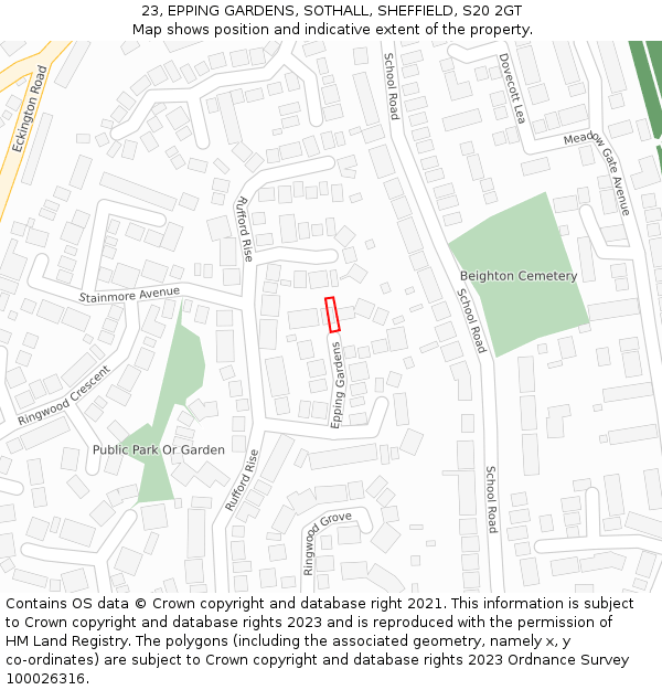 23, EPPING GARDENS, SOTHALL, SHEFFIELD, S20 2GT: Location map and indicative extent of plot
