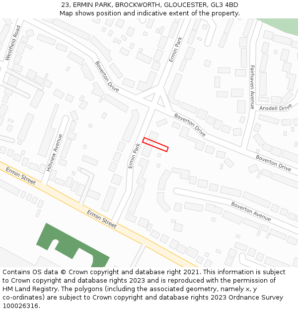 23, ERMIN PARK, BROCKWORTH, GLOUCESTER, GL3 4BD: Location map and indicative extent of plot