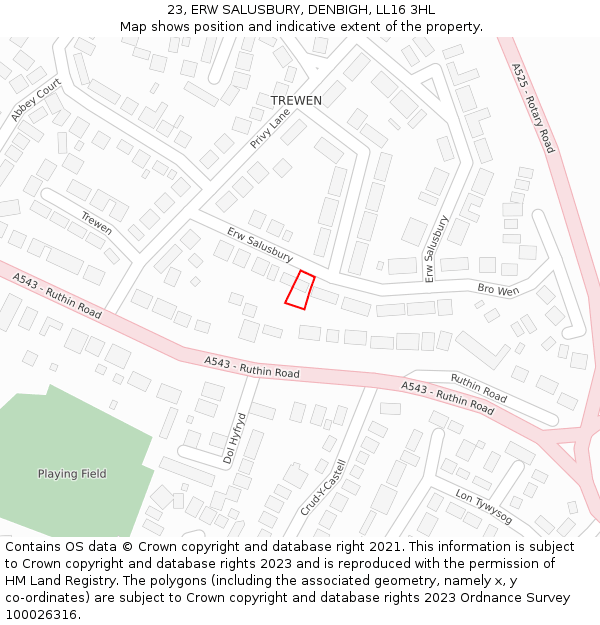 23, ERW SALUSBURY, DENBIGH, LL16 3HL: Location map and indicative extent of plot