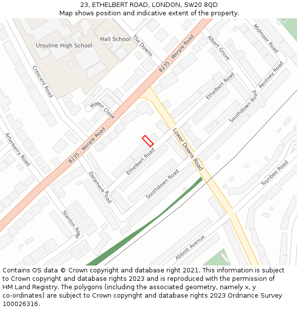 23, ETHELBERT ROAD, LONDON, SW20 8QD: Location map and indicative extent of plot