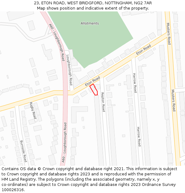 23, ETON ROAD, WEST BRIDGFORD, NOTTINGHAM, NG2 7AR: Location map and indicative extent of plot