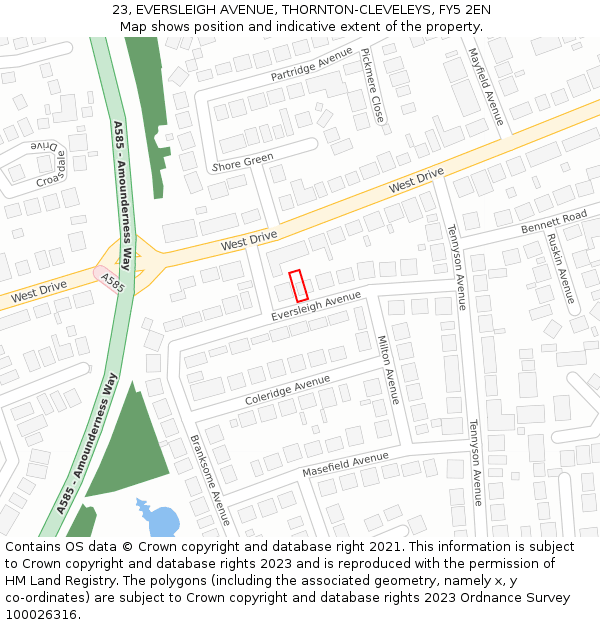 23, EVERSLEIGH AVENUE, THORNTON-CLEVELEYS, FY5 2EN: Location map and indicative extent of plot