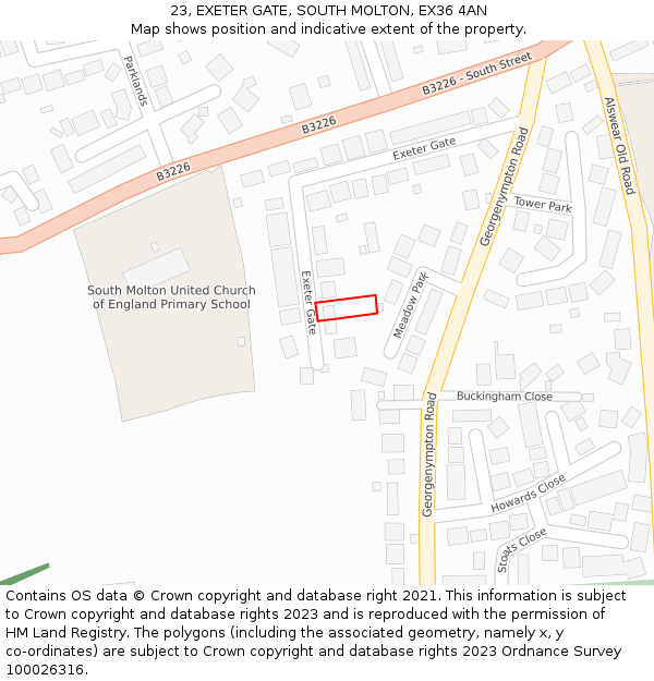 23, EXETER GATE, SOUTH MOLTON, EX36 4AN: Location map and indicative extent of plot