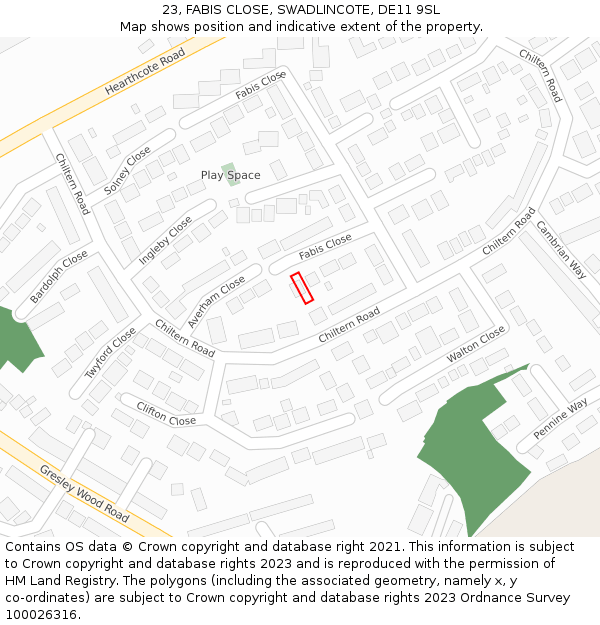 23, FABIS CLOSE, SWADLINCOTE, DE11 9SL: Location map and indicative extent of plot