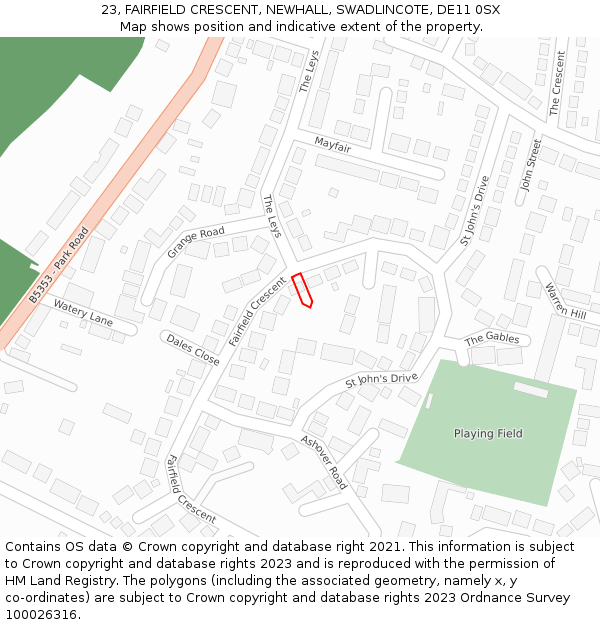 23, FAIRFIELD CRESCENT, NEWHALL, SWADLINCOTE, DE11 0SX: Location map and indicative extent of plot