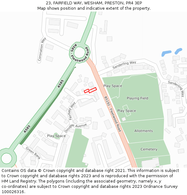 23, FAIRFIELD WAY, WESHAM, PRESTON, PR4 3EP: Location map and indicative extent of plot