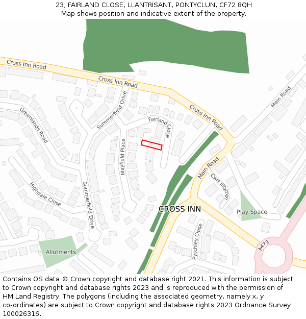 23, FAIRLAND CLOSE, LLANTRISANT, PONTYCLUN, CF72 8QH: Location map and indicative extent of plot