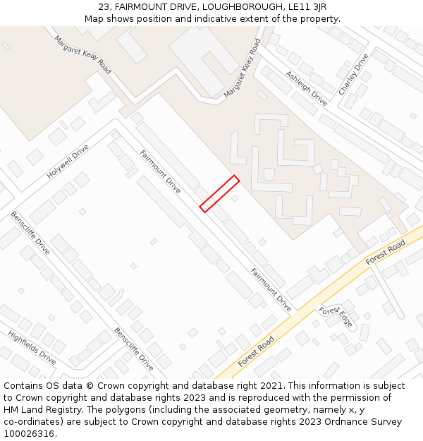 23, FAIRMOUNT DRIVE, LOUGHBOROUGH, LE11 3JR: Location map and indicative extent of plot