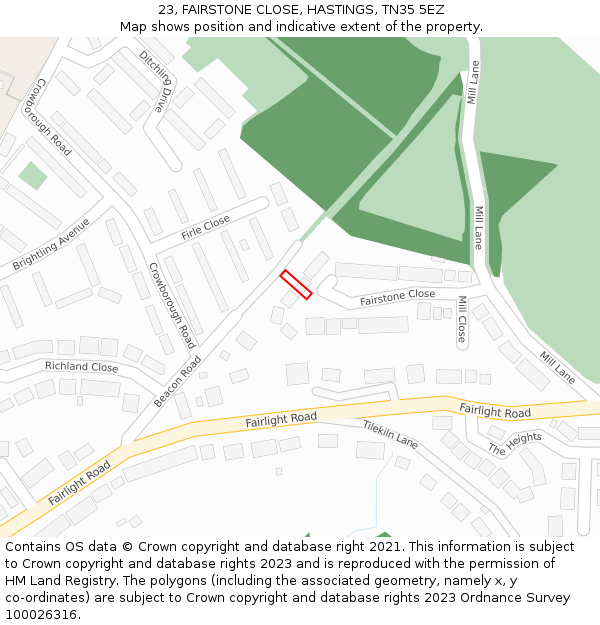 23, FAIRSTONE CLOSE, HASTINGS, TN35 5EZ: Location map and indicative extent of plot