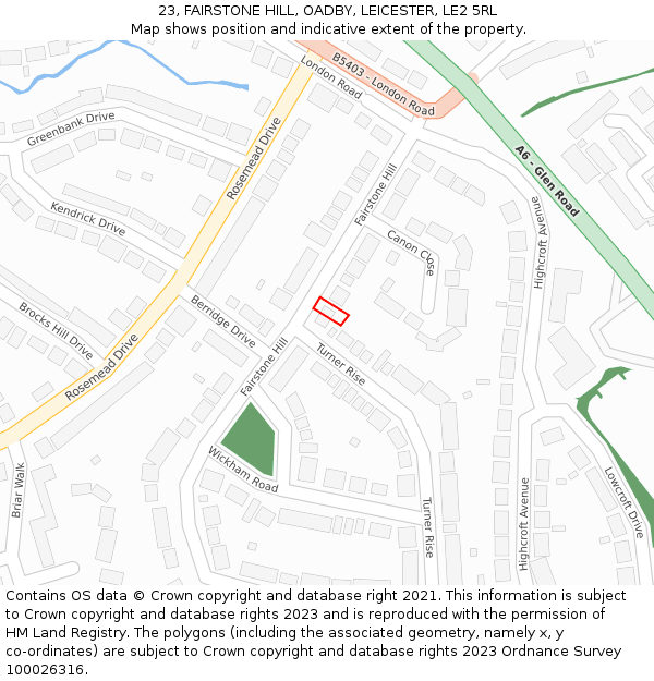 23, FAIRSTONE HILL, OADBY, LEICESTER, LE2 5RL: Location map and indicative extent of plot