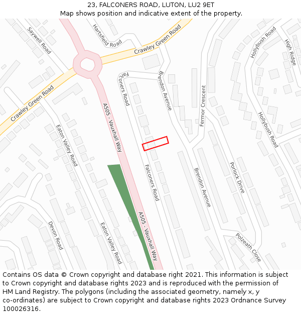 23, FALCONERS ROAD, LUTON, LU2 9ET: Location map and indicative extent of plot
